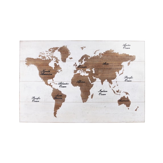 Benzara World Map Printed Rectangular Wall Decor, White and Brown