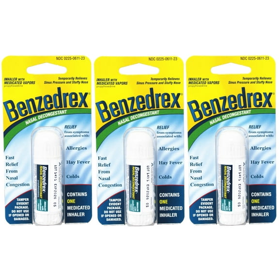 Benzedrex Nasal Decongestant Inhaler, Medicated Nasal Vapor Inhaler, 1 Count (pack of 3)