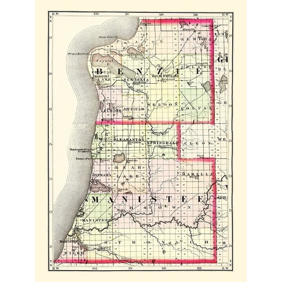 Benzie Manistee Michigan - Walling 1873 Poster Print by Walling Walling MIBE0001