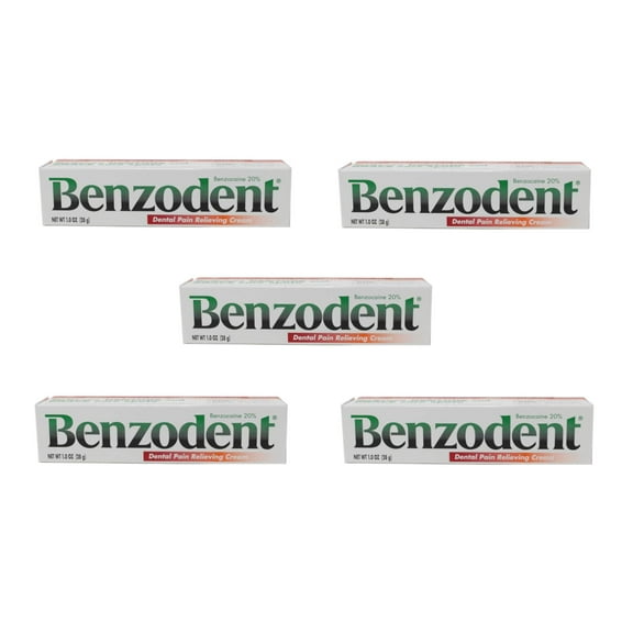 Benzodent Dental Pain Relieving Cream, Denture Tooth and Gum Pain, 1 oz (Pack of 5)