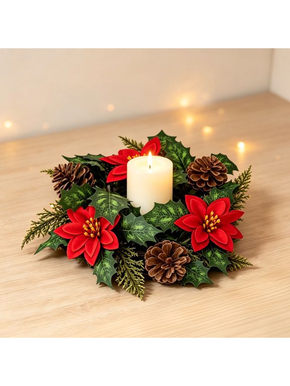 1 Pack Christmas Candle Ring Wreath, 11in Artificial Poinsettia Pinecone Candle Holder, Table Centerpiece for Dining Mantel Fireplace, Indoor Decor