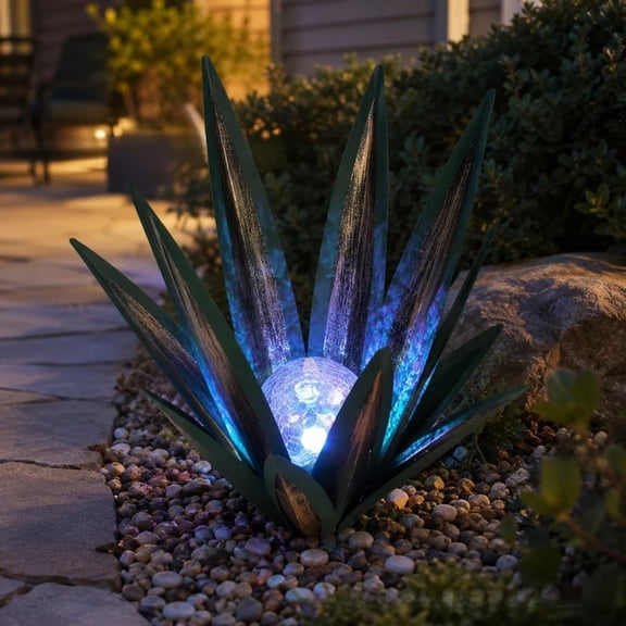 Beollynier 1 Pack Solar Metal Agave Sculpture Garden Light, Teal Rustic Tequila Statue with Crackled Glass Globe, LED Outdoor Decor for Patio Yard Pathway