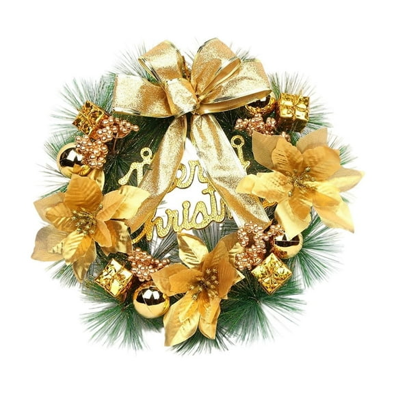 Beollynier 11.8 Inch Christmas Flower Bowknot Wreath Door Wall Hanging Rattan with Glitter Poinsettia Red Fruit Berries Pine Needles Home Decor