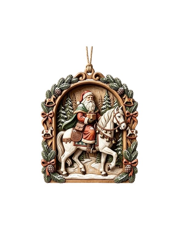 1Pc Vintage Christmas Hanging Ornament Arch Frame Tree Pendant Decor Santa Riding Horse for Xmas Tree Mantel Window Indoor Xmas Decorations