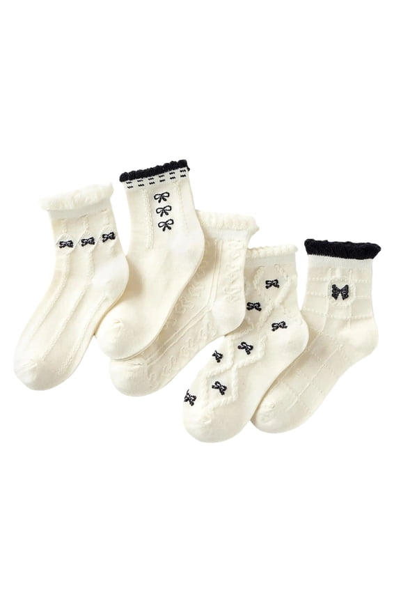Beollynier 5-Pack Summer Thin Cotton Mid-Calf Socks for Girls - Cute Bow Print Breathable Lightweight Versatile Kids Socks for 3-14 Years - Ideal for Everyday Wear