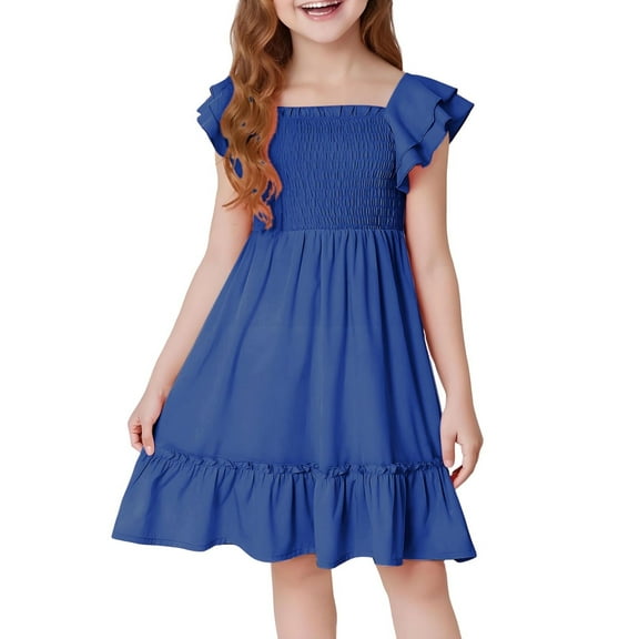 Beollynier Girl's Summer Square Neck Tiered A Line Dress with Ruffle Cap Sleeves for 5-13Y Volume Hem Smocked Party Dresses Sleeveless Flowy Sundress
