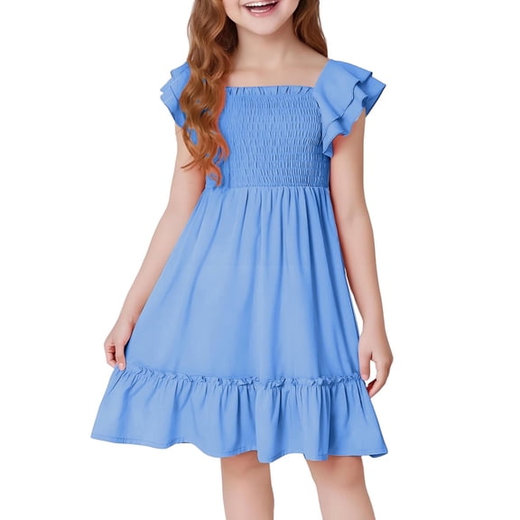 Beollynier Girl's Summer Square Neck Tiered A Line Dress with Ruffle Cap Sleeves for 5-13Y Volume Hem Smocked Party Dresses Sleeveless Flowy Sundress