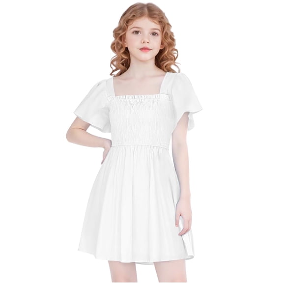 Beollynier Girls Fluttering Short Sleeve Smocked Waist Summer Dress for 5-13 Years Kids Square Neck A Line Flowy Mini Dresses for Casual Outings