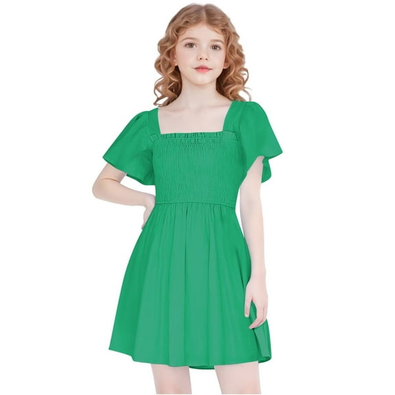 Beollynier Girls Fluttering Short Sleeve Smocked Waist Summer Dress for 5-13 Years Kids Square Neck A Line Flowy Mini Dresses for Casual Outings