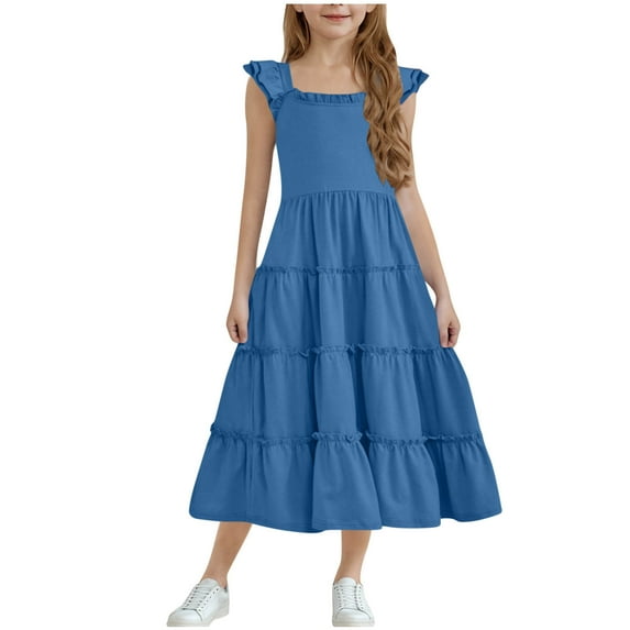 Beollynier Girls Summer Ruffle Sleeve Round Neck Long Dress with Zipper for Ages 3-13 - Solid Color and Color Block Styles - Perfect for Parties and Dress-Up Occasions
