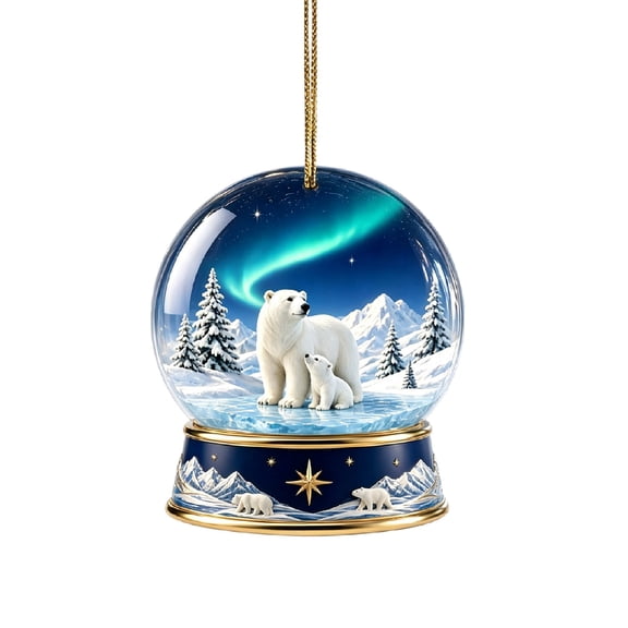 Hanging Christmas Snow Globe Ornament, Polar Bear Scene with Aurora & Mountains, Clear Ball Tree Decoration for Holiday Party Gift, 3.94in