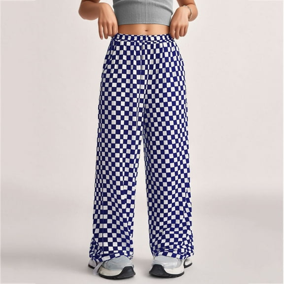 Beollynier Kids Blue Checkered Print Casual Loose Breathable Wide-leg Trousers for Girls 8-12 Years - Perfect for Everyday Wear and Playdates