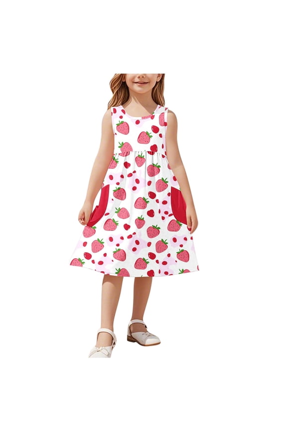 Beollynier Spring Summer Girls Printed Sleeveless Dress with Pockets - Round Neck A-Line Dress for Kids 3-14 Years - Ideal for Casual Outings Parties and Everyday Wear