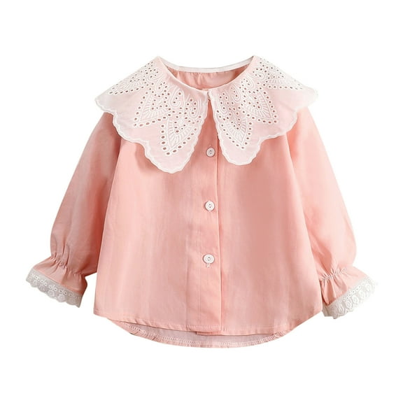 Beollynier Spring Summer Lightweight Solid Color Doll Collar Lace Trim Long Sleeve Blouse for Girls Aged 2-10 - Perfect for School Events and Family Gatherings