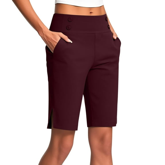 Beollynier Women's Solid Color Straight Leg Bermuda Long Shorts High Waist Stretchy Comfortable Casual Knee Length Shorts for Summer Walking