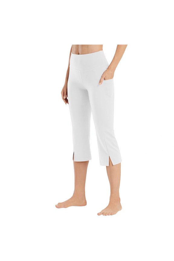 Women's Stretch Comfort Capri Pants High Waist Lightweight Summer Trousers Solid Color Straight Leg Yoga Casual Work Pants with Split Hem