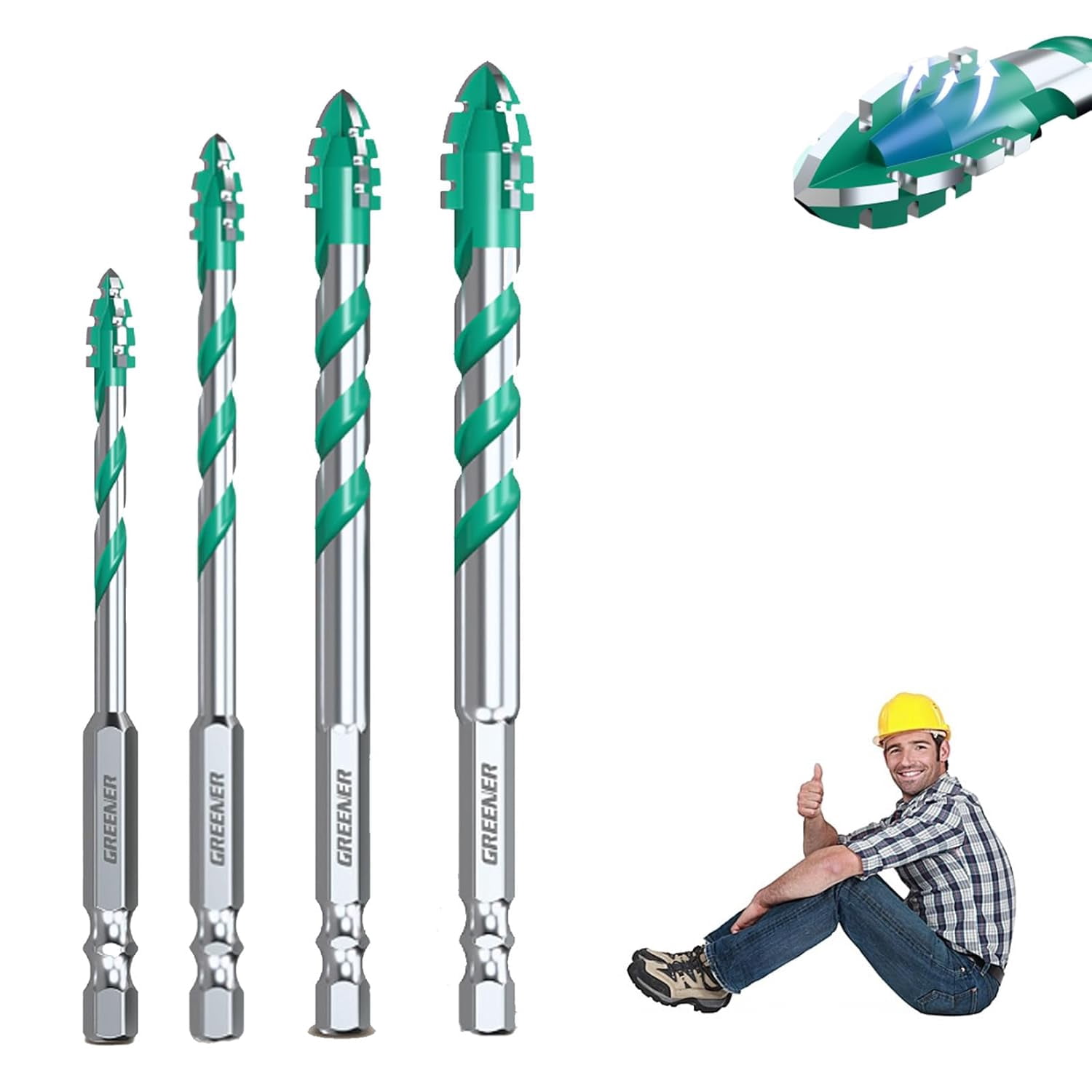 Beooshop Four Blade Serrated Eccentric Drill Bits, 4-Flute Serrated Edge Drill Bit Set, Specifications 1/4, 5/16, 3/8, 1/2, Suitable for Ceramic Tiles, Marble Concrete (4 PCS)