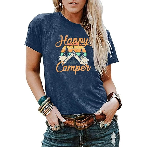 Beopjesk Women Happy Camper Shirt for Women Funny Cute Graphic Tee