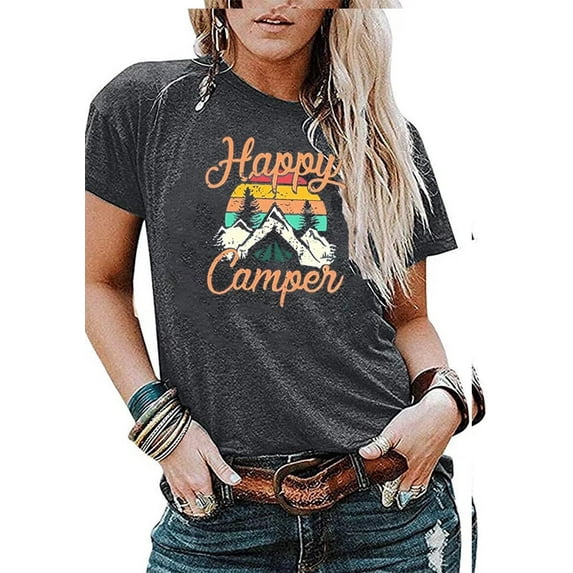 Beopjesk Women Happy Camper Shirt for Women Funny Cute Graphic Tee