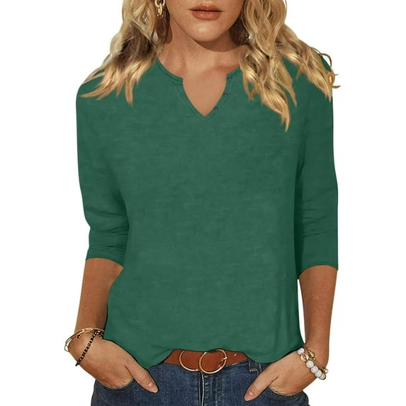 Beopjesk Womens 3/4 Sleeve T-Shirts Button V Neck Summer Tunic Tops Loose Fit Shirts Solid Basic Tops