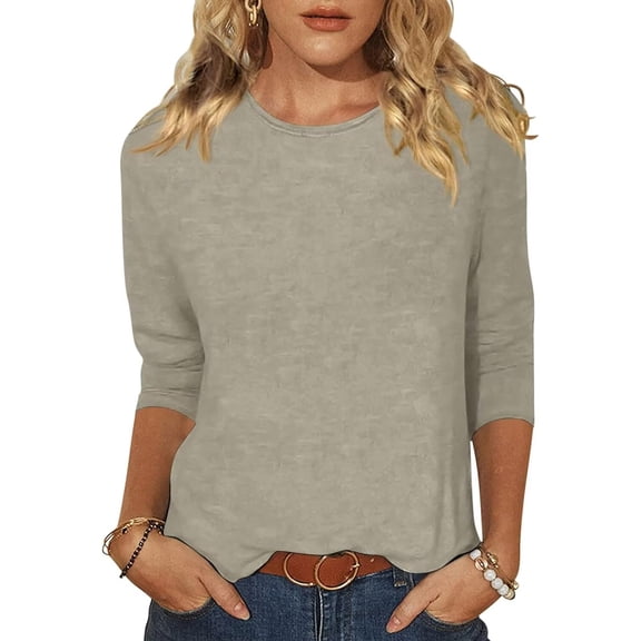 Beopjesk Womens 3/4 Sleeve T-Shirts Round Neck Summer Tunic Tops Loose Fit Shirts Solid Basic Tops