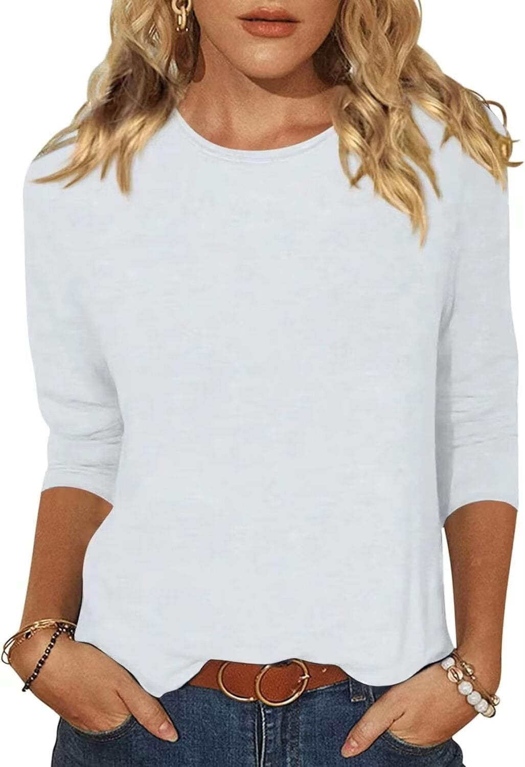 Beopjesk Womens 3/4 Sleeve T-Shirts Round Neck Summer Tunic Tops Loose ...
