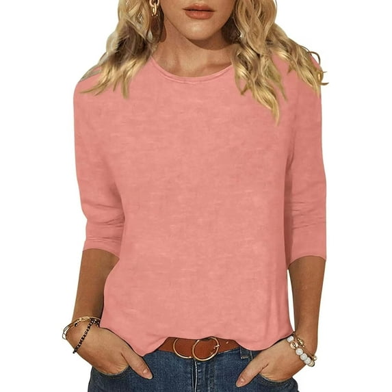 Beopjesk Womens 3/4 Sleeve T-Shirts Round Neck Summer Tunic Tops Loose Fit Shirts Solid Basic Tops