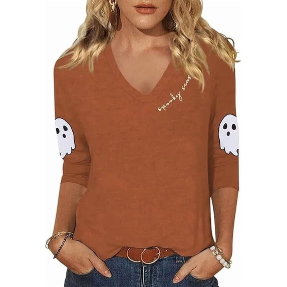 Beopjesk Womens 3/4 Sleeve V Neck Halloween Shirts Thanksgiving Fall Graphic Tees