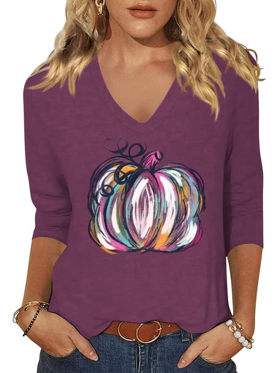 Womens 3/4 Sleeve V Neck Halloween Shirts Thanksgiving Fall Graphic Tees