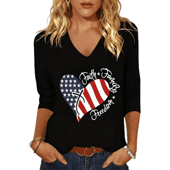 Beopjesk Womens 3/4 Sleeve V Neck T Shirts American Flag Shirts Summer Graphic Tee Tops