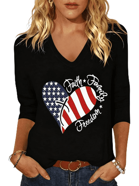 Womens 3/4 Sleeve V Neck T Shirts American Flag Shirts Summer Graphic Tee Tops