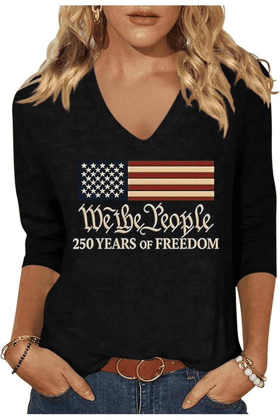 Womens 3/4 Sleeve V Neck T Shirts American Flag Shirts Summer Graphic Tee Tops