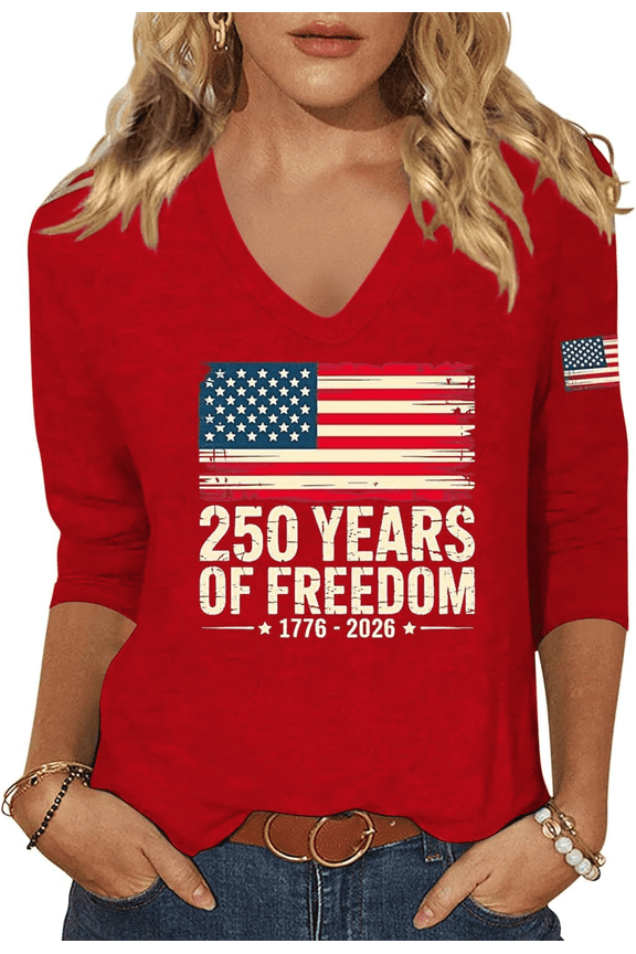Womens 3/4 Sleeve V Neck T Shirts American Flag Shirts Summer Graphic Tee Tops