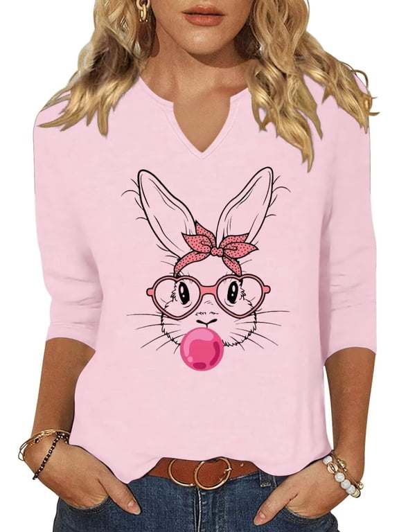 Womens Casual 3/4 Sleeve V Neck Happy Easter Shirts Heart Graphic Tees Lucky Shamrock Shirts