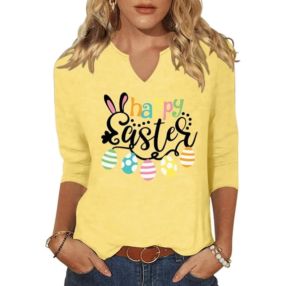 Beopjesk Womens Casual 3/4 Sleeve V Neck Happy Easter Shirts Heart Graphic Tees Lucky Shamrock Shirts