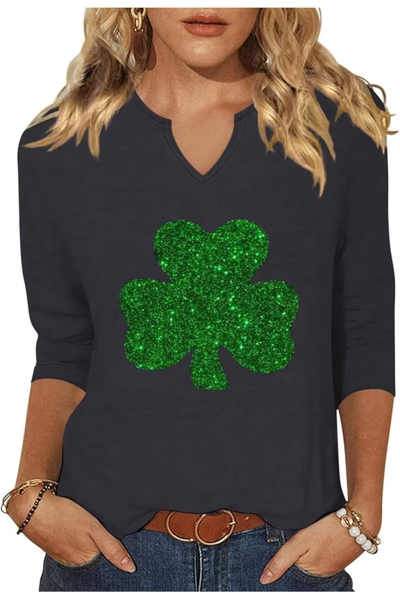 Womens Casual 3/4 Sleeve V Neck St Patrick's Day Shirts Heart Graphic Tees Lucky Shamrock Shirts