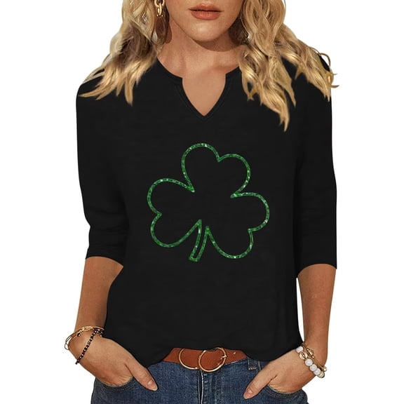 Beopjesk Womens Casual 3/4 Sleeve V Neck St Patrick's Day Shirts Heart Graphic Tees Lucky Shamrock Shirts