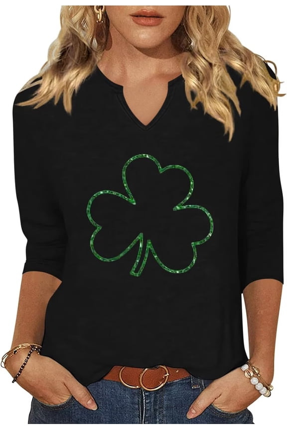 Womens Casual 3/4 Sleeve V Neck St Patrick's Day Shirts Heart Graphic Tees Lucky Shamrock Shirts