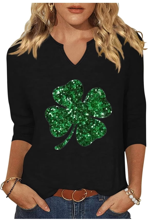 Womens Casual 3/4 Sleeve V Neck St Patrick's Day Shirts Heart Graphic Tees Lucky Shamrock Shirts