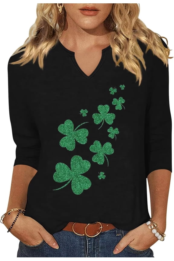Womens Casual 3/4 Sleeve V Neck St Patrick's Day Shirts Heart Graphic Tees Lucky Shamrock Shirts