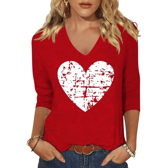 Beopjesk Womens Casual Love Heart Shirts 3/4 Sleeve Valentine's Day Tees St Patrick's Day Graphic Tees Tops