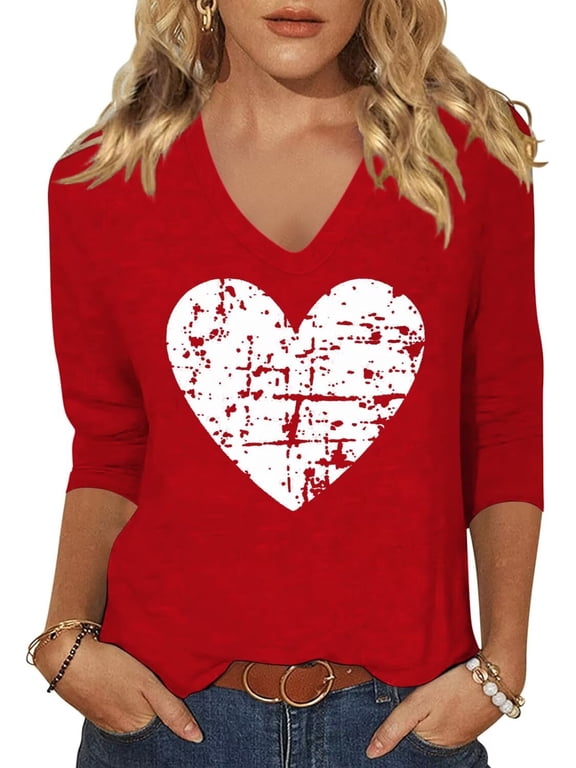 Womens Casual Love Heart Shirts 3/4 Sleeve Valentine's Day Tees St Patrick's Day Graphic Tees Tops