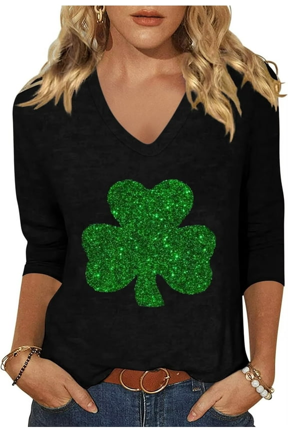 Womens Casual Love Heart Shirts 3/4 Sleeve Valentine's Day Tees St Patrick's Day Graphic Tees Tops