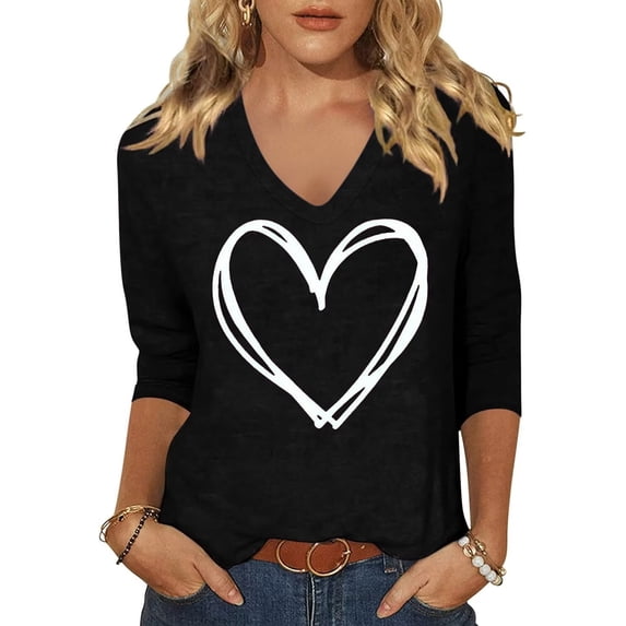 Beopjesk Womens Casual Love Heart Shirts 3/4 Sleeve Valentine's Day Tees St Patrick's Day Graphic Tees Tops