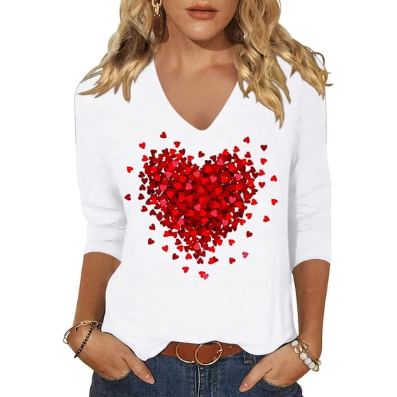 Beopjesk Womens Casual Love Heart Shirts 3/4 Sleeve Valentine's Day Tees St Patrick's Day Graphic Tees Tops