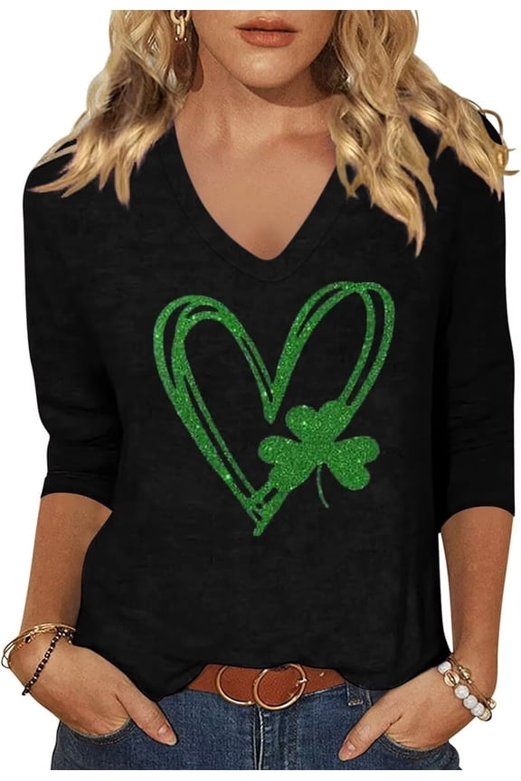 Womens Casual Love Heart Shirts 3/4 Sleeve Valentine's Day Tees St Patrick's Day Graphic Tees Tops