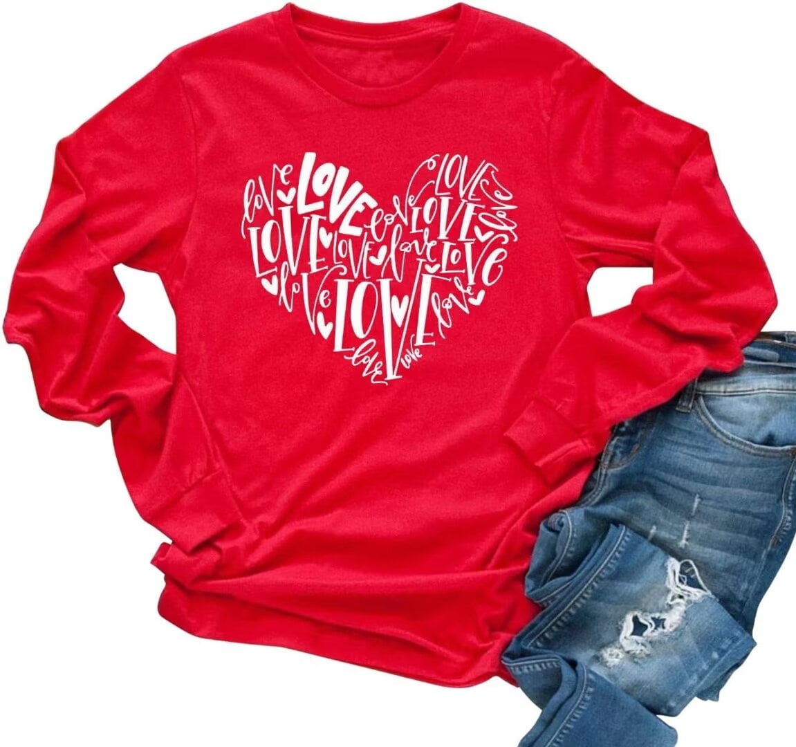 Beopjesk Womens Casual Love Heart Shirts Long Sleeve Valentine's Day