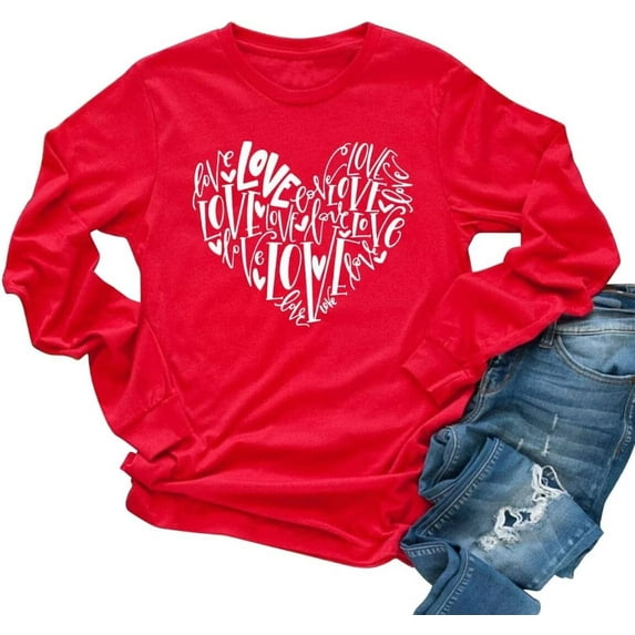Beopjesk Womens Casual Love Heart Shirts Long Sleeve Valentine's Day Tees Raglans Sleeve Graphic Tees Tops