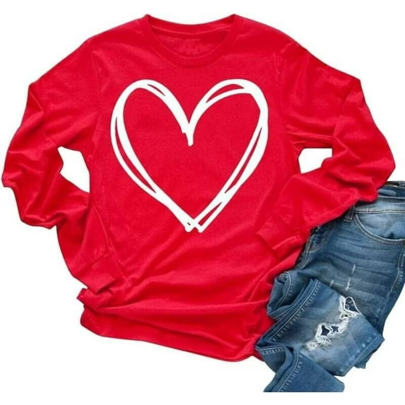 Beopjesk Womens Casual Love Heart Shirts Long Sleeve Valentine's Day Tees Raglans Sleeve Graphic Tees Tops
