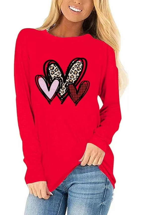 Womens Casual Love Heart Shirts Long Sleeve Valentine's Day Tees Raglans Sleeve Graphic Tees Tops